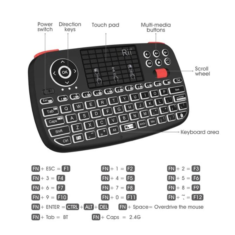 Wireless Keyboard With Touchpad Rii i4 Mini BT 2.4GHz Backlit Mouse Remote Control For Windows Android Smart TV