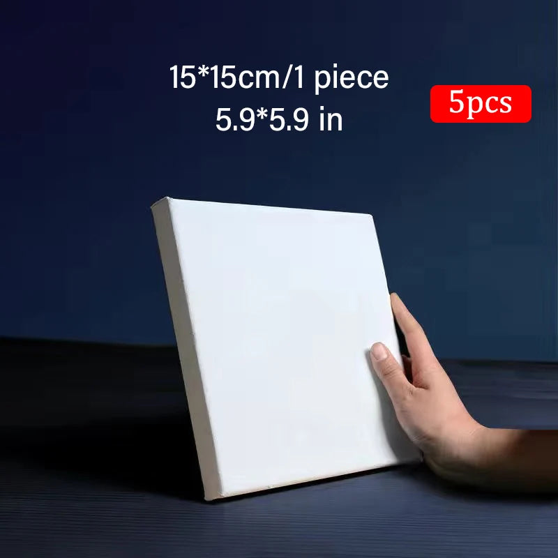 White square canvas held by a hand with text indicating size and quantity on a dark background