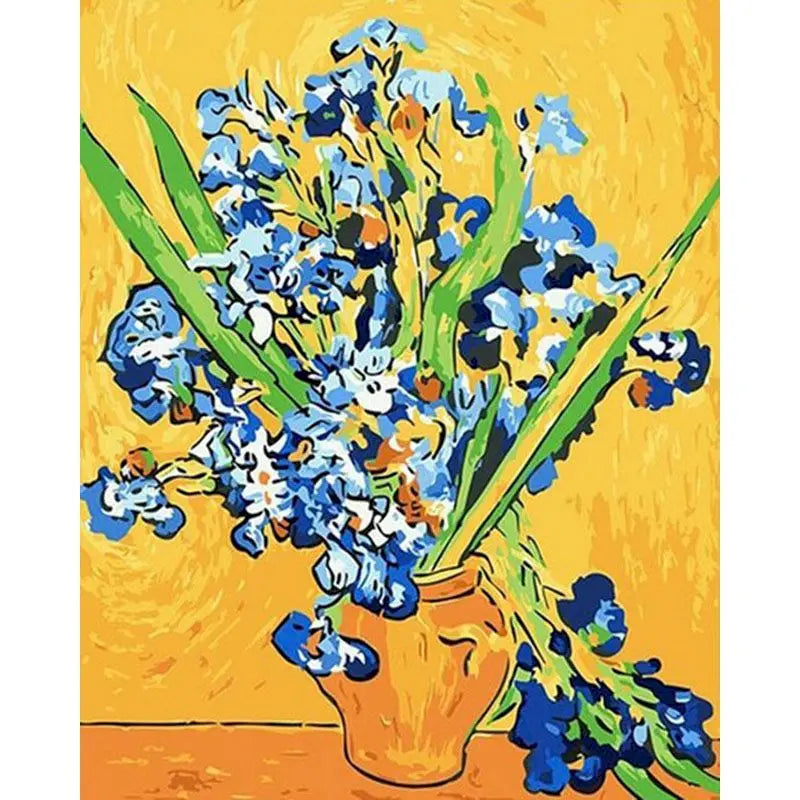 Artistic depiction of blue flowers in a vase on a yellow background