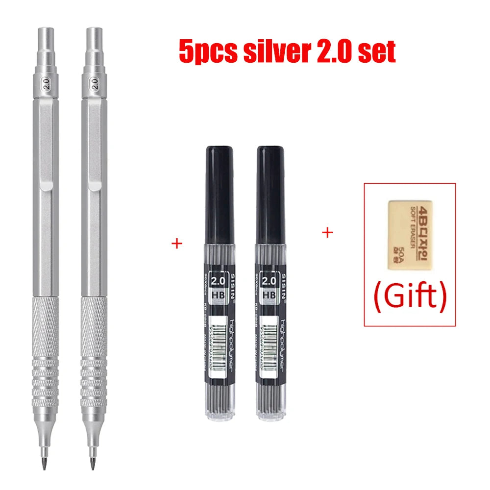 5-Piece Metal Mechanical Pencil Set — 0.5 to 2.0mm, Black or Silver
