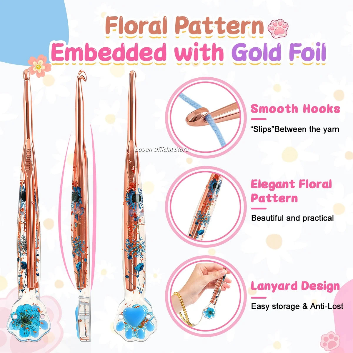 Crochet Hooks, Rose Gold Cat Paw & Floral Handles for Handmade Yarn Crafts