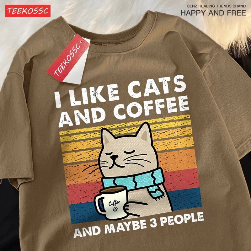T-Shirt Unisex I Like Cats and Coffee and Maybe 3 People Funny Graphic Tee