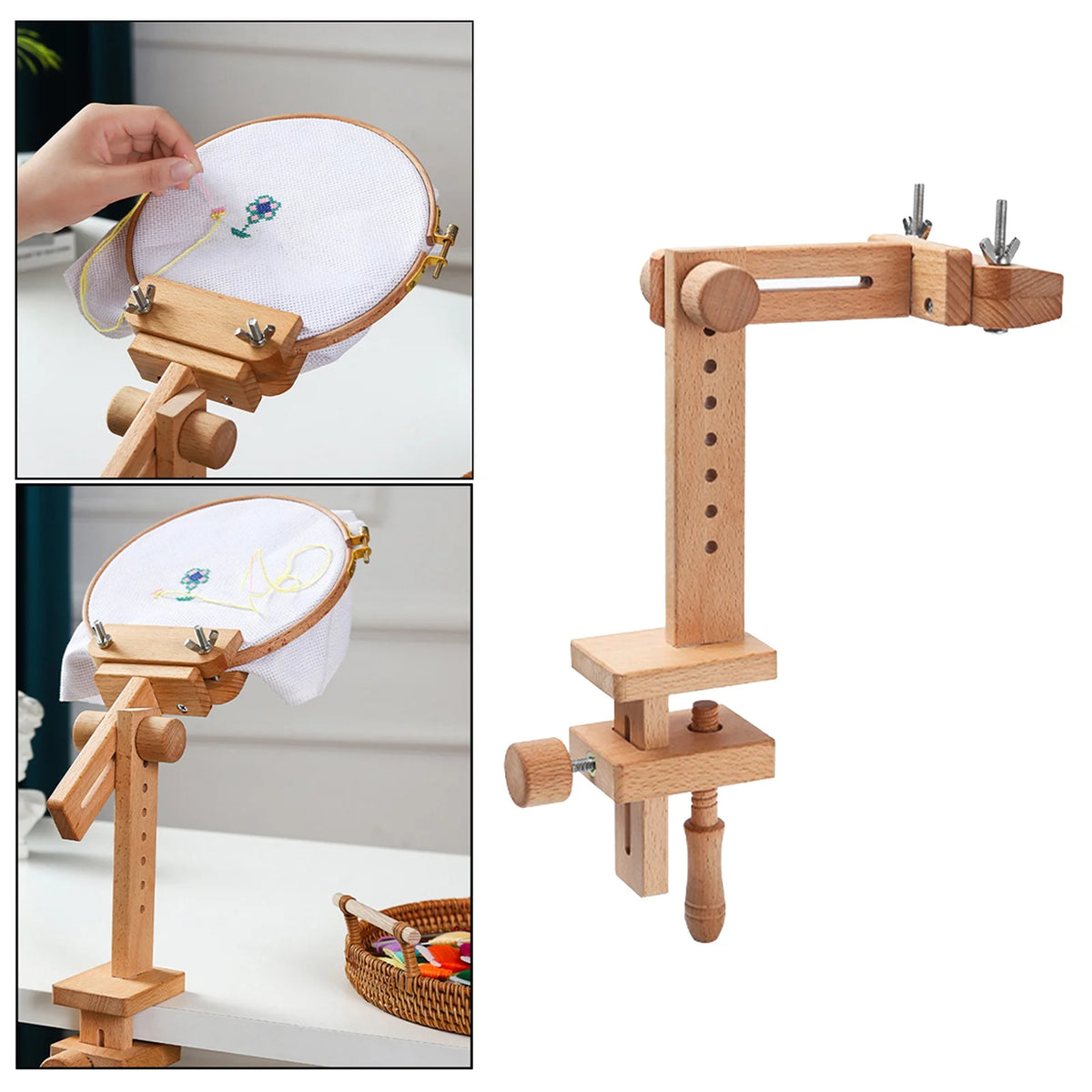 Embroidery Hoop Stand, Rotating Wooden Desktop Rack for Handmade Stitching
