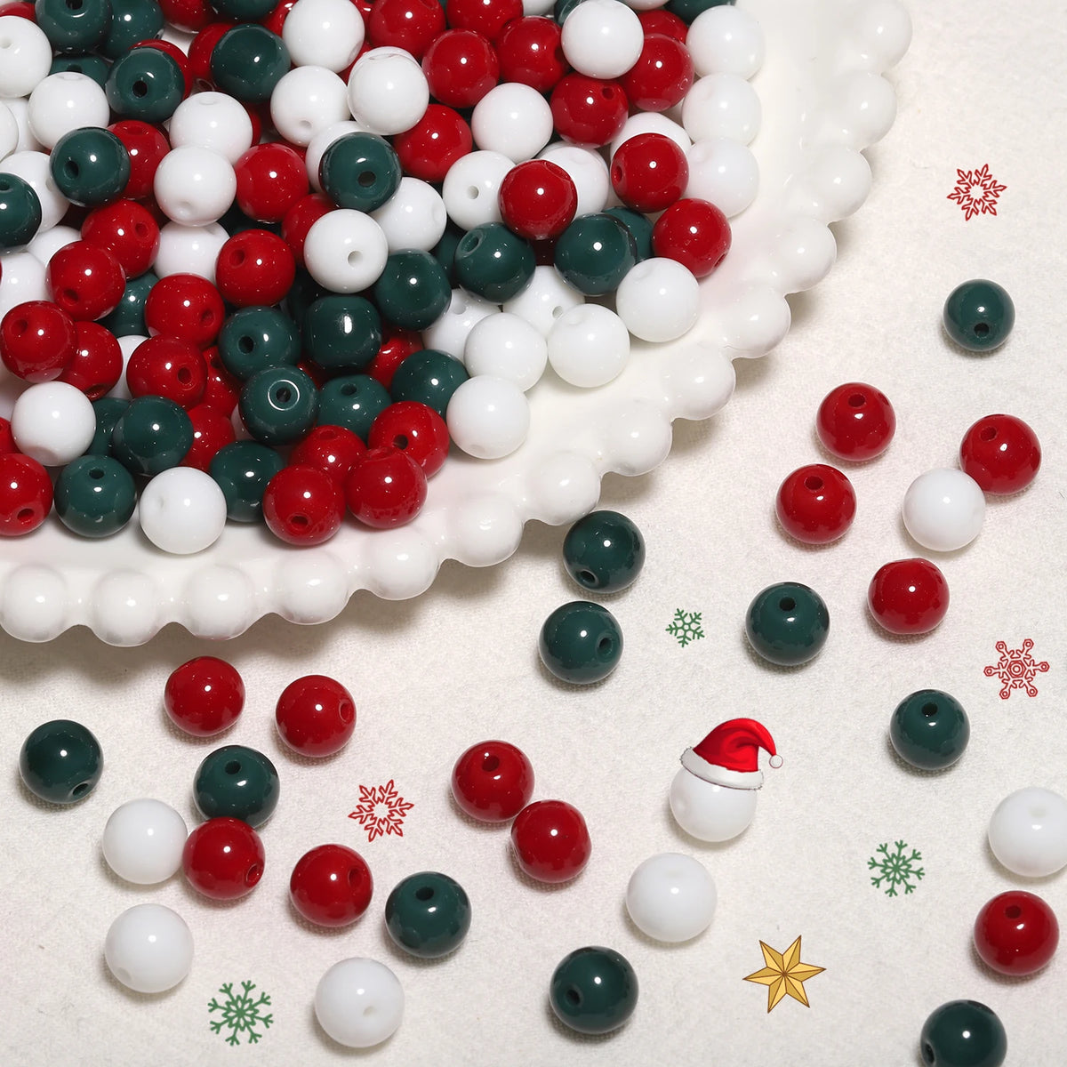 Glass Beads Round Christmas White Green Red Colors for DIY Jewelry Making