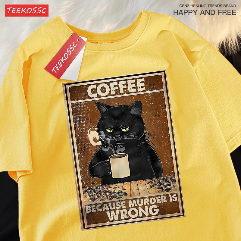 T-Shirt Unisex Coffee Because Murder Is Wrong Black Cat Humor Graphic Tee