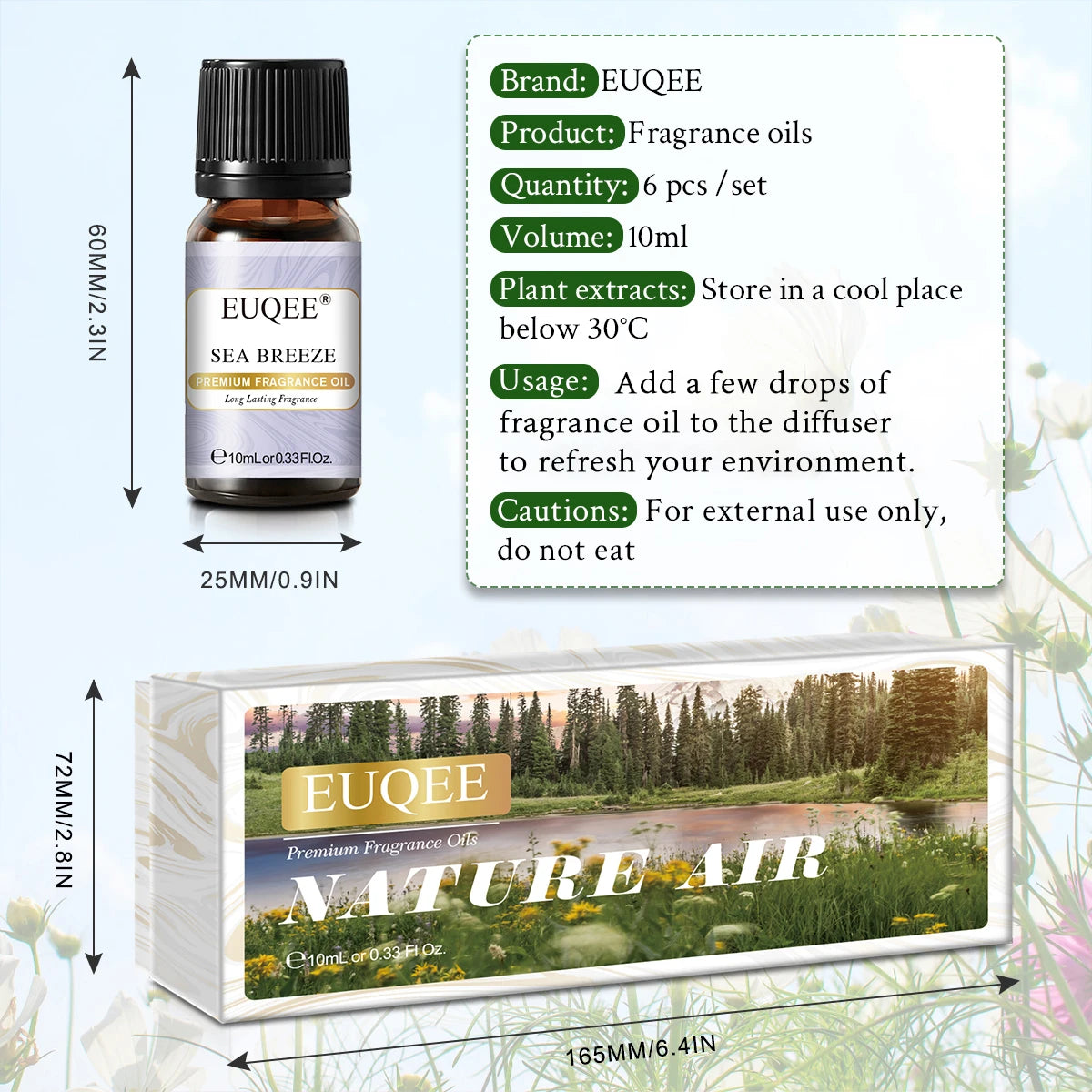 EUQEE 6PCS Fragrance Oils Gift Set For Candle Making 10ml Sea Breeze Forest Pine Bamboo & Teak Cedarwood Sandalwood Freesia