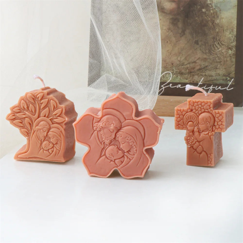 Peach religious relief example candles in tree, flower and cross shapes