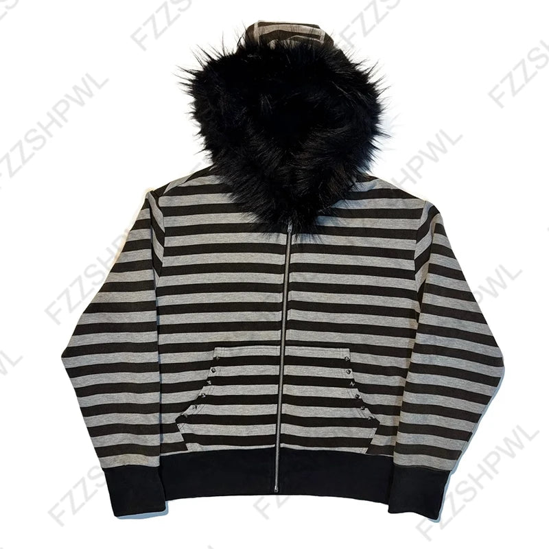 Hoodie Women's Gothic Fur Collar Zip Cardigan Slim Grunge Y2K Harajuku Winter