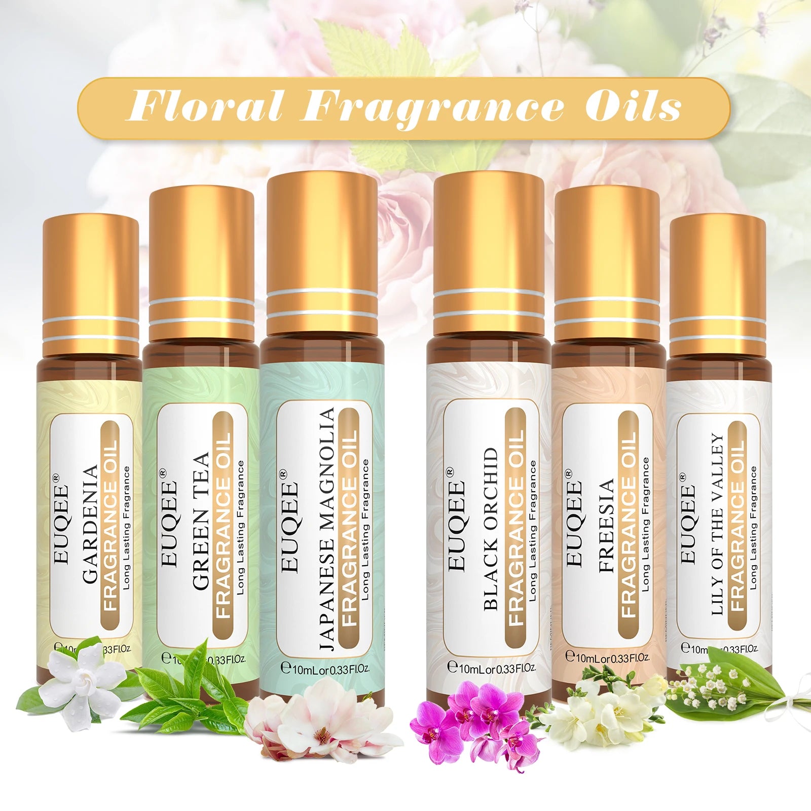 EUQEE 6PCS Flower Series Fragrance Oil Set -10ml Japanese Magnolia Black Orchid Gardenia Green Tea Freesia Lily of the valley