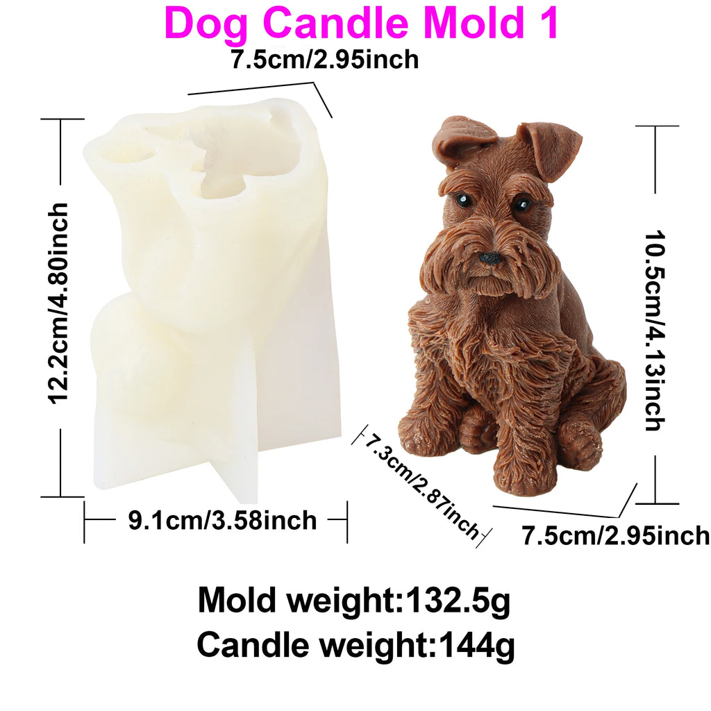 A schnauzer shaped candle mold and finished candle shown on a white background with measurement lines and text indicating dimensions and weights. The mold is off-white/cream and the candle is brown with darker brown shading, resembling a small dog figurine.