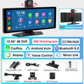 Car monitor with 350-degree rotating camera and various connectivity options on a blue background. 4K Dash Cam Wireless Carplay Android Auto 350° Rotating Lens Car DVR GPS