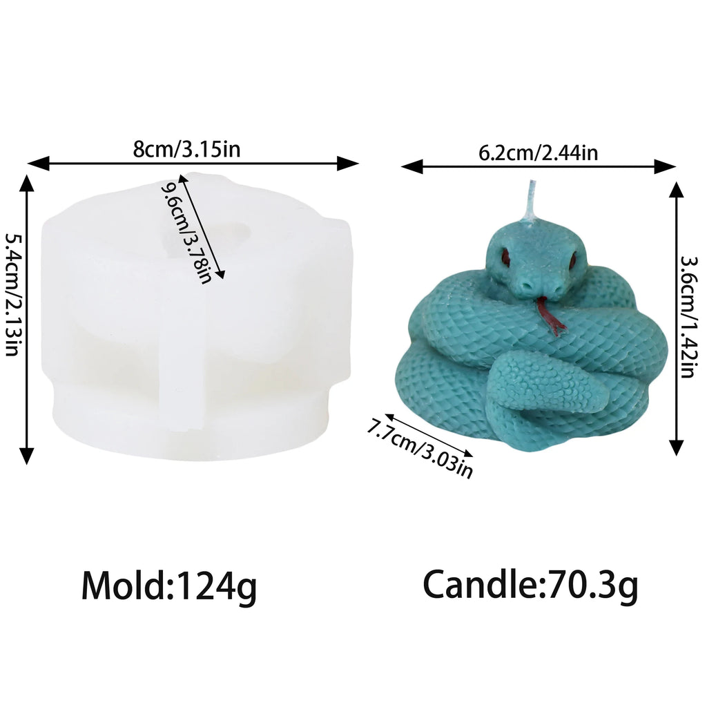 Low coiled snake mold and example candle diagram with separate dimensions and weights