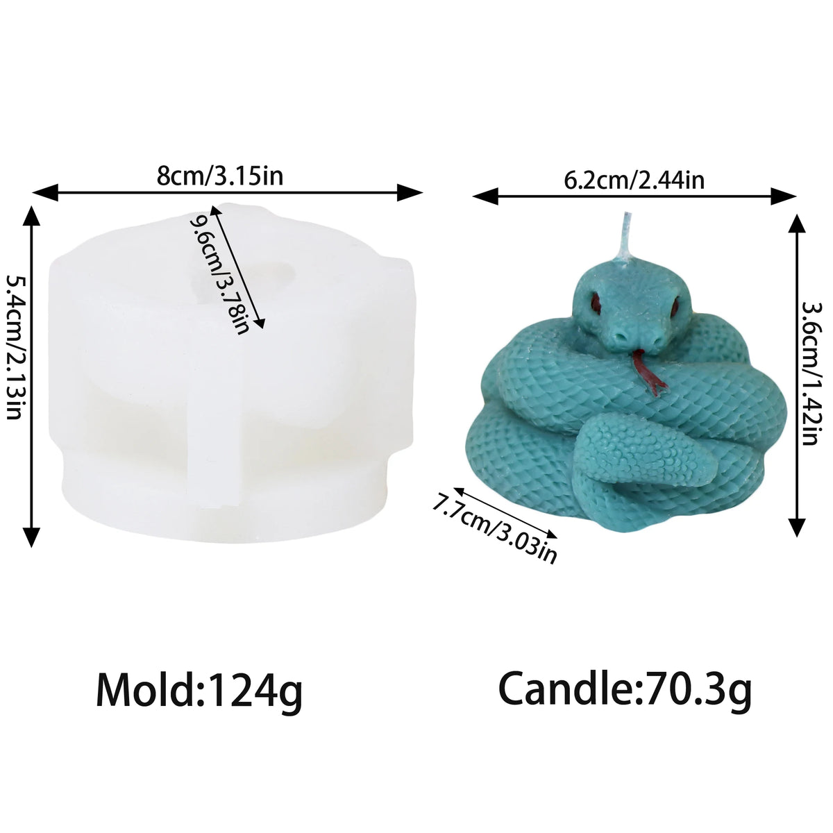 Low coiled snake mold and example candle diagram with separate dimensions and weights