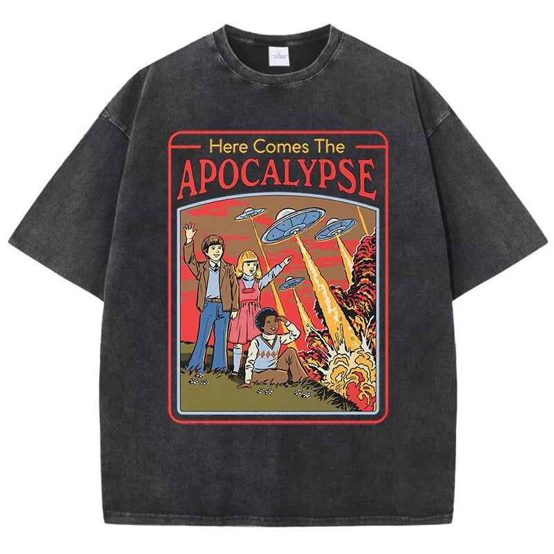 T-Shirt Unisex Here Comes the Apocalypse UFO Retro Washed Vintage Graphic Tee
