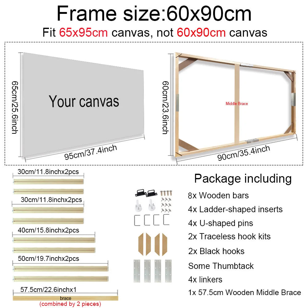 Canvas frame size 60x90cm with dimensions and package contents listed.