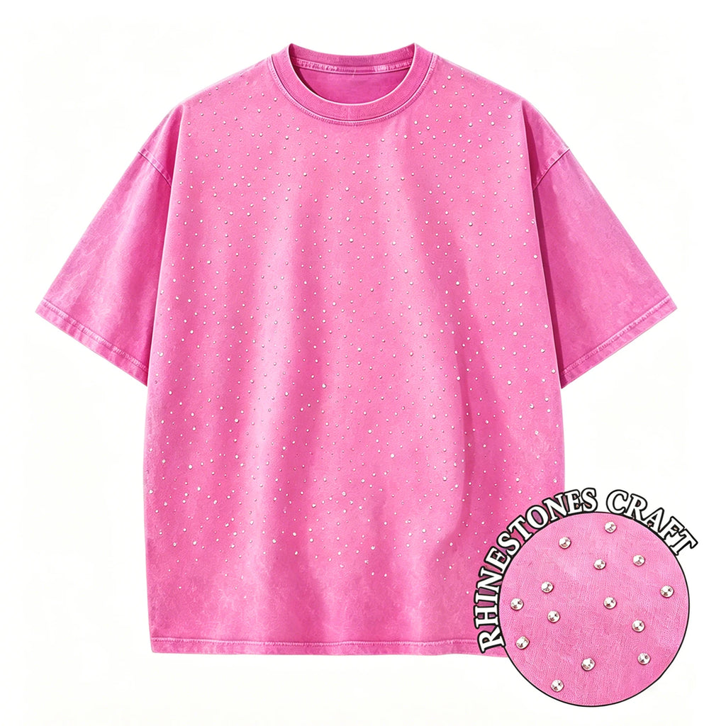 T-Shirt Unisex Rhinestone Acid Wash 100% Cotton Retro Punk Loose Hip Hop Tee