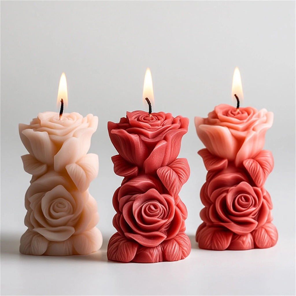 3D Rose Pillar Candle Silicone Mold DIY Geometric Flower Column Scented Candle Plaster Ornament Mold Handmade Gift Wedding Decor