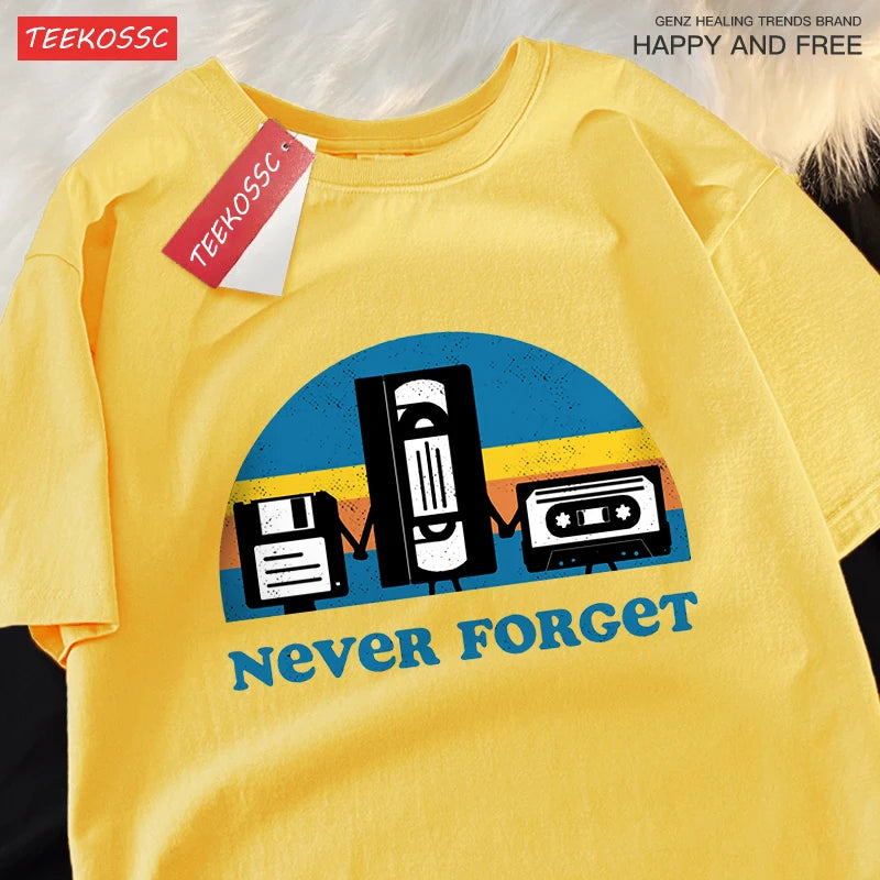 T-Shirt Unisex Never Forget Retro Tech Floppy VHS Cassette Vintage Graphic Tee