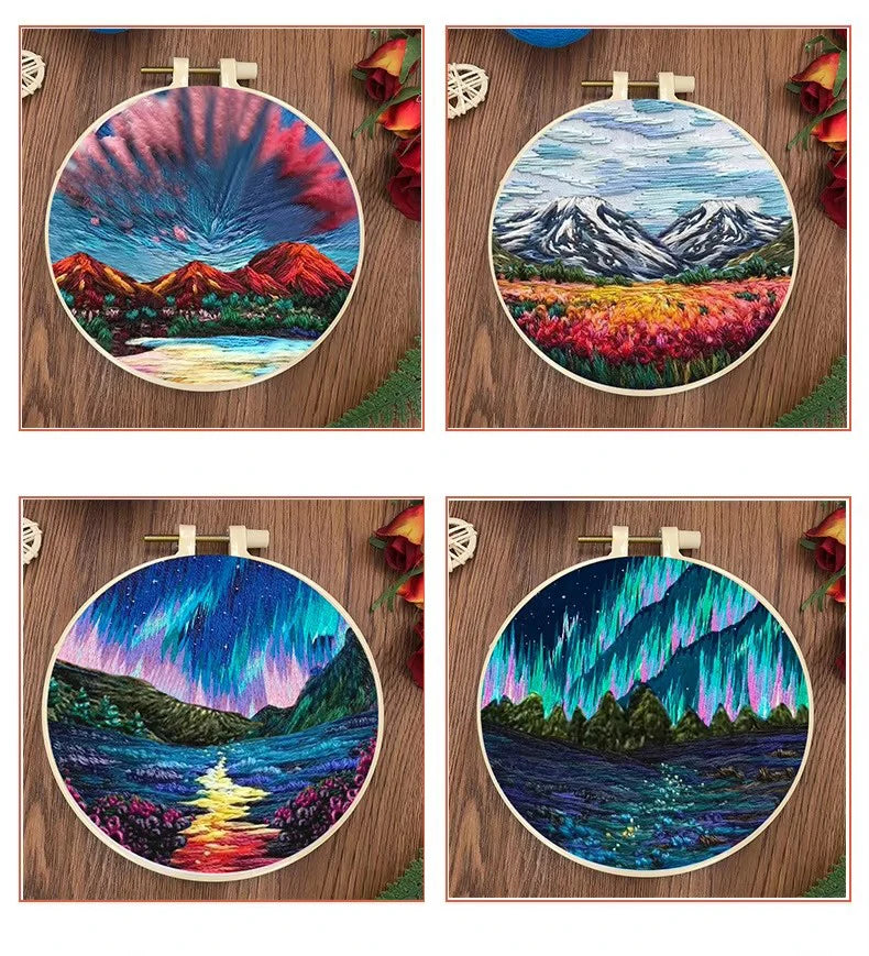Embroidery Kit, Aurora Night Sky Scenery for Handmade Hoop Art & Decor
