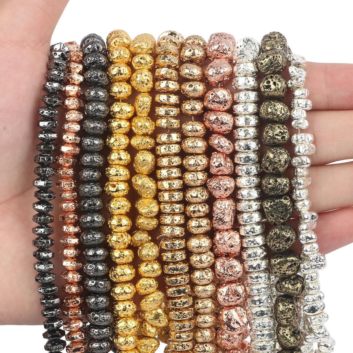 Stone Beads Black Gold Silver Color Volcanic Lava Rondelle Spacer Craft Beads