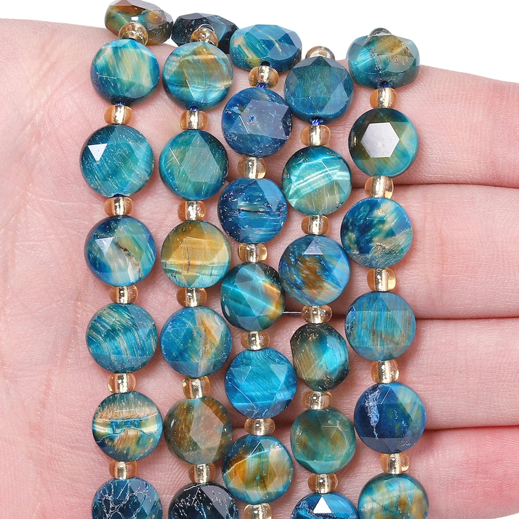 Stone Beads Faceted Coin Lake Blue Tiger Eye for DIY Jewelry Making Craft Beads