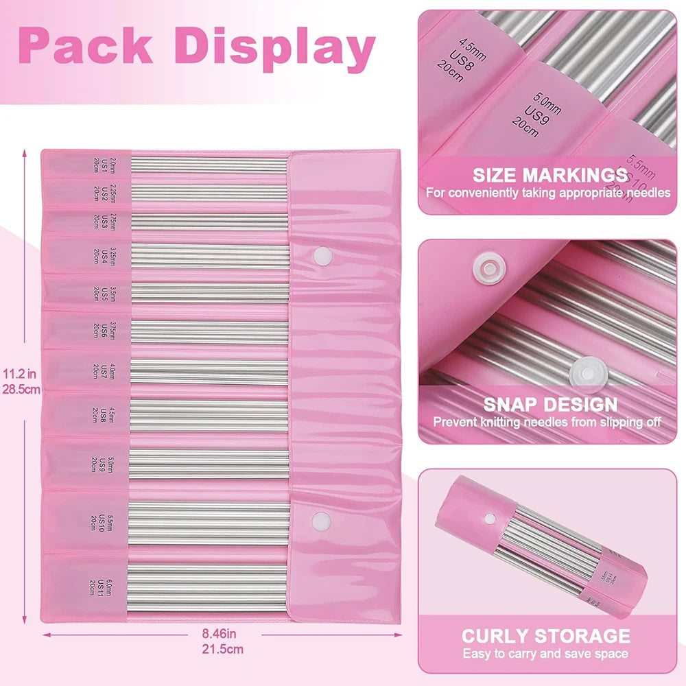 Knitting Needles, Stainless Steel Double-Pointed Set for Sweater Projects