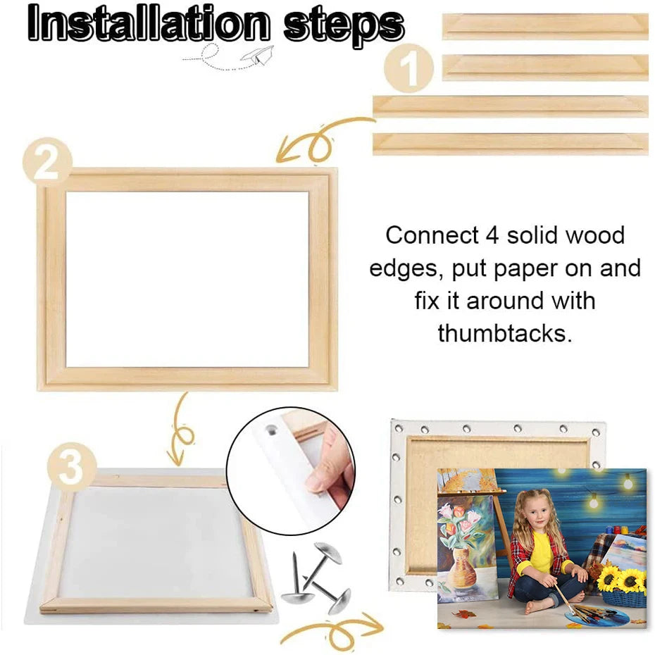 Step-by-step guide on how to install a wooden frame with thumbtacks.