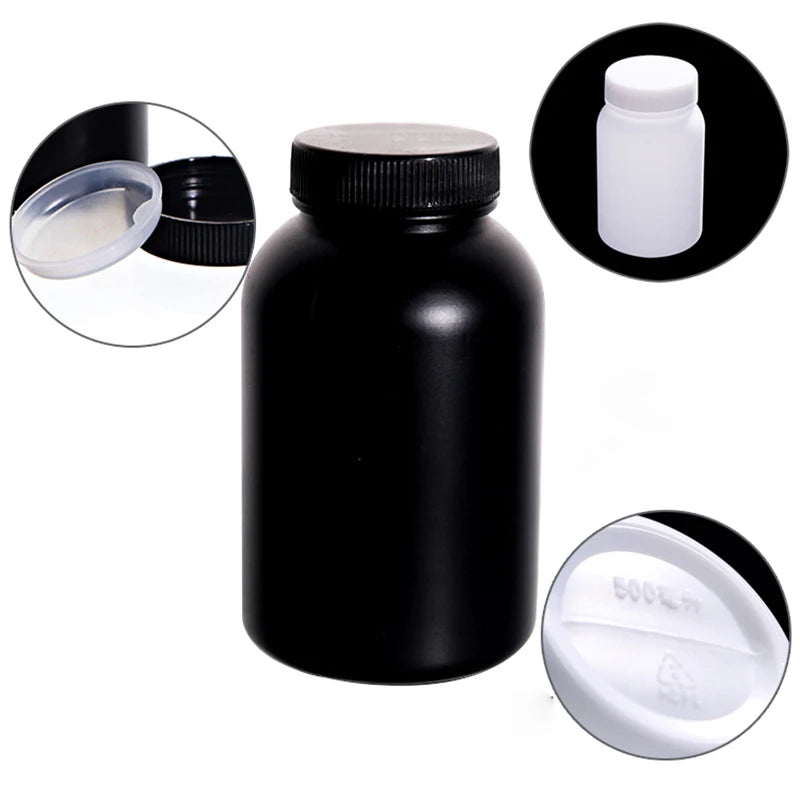 Black wide-mouth bottle with screw cap and insets of white bottle and inner insert