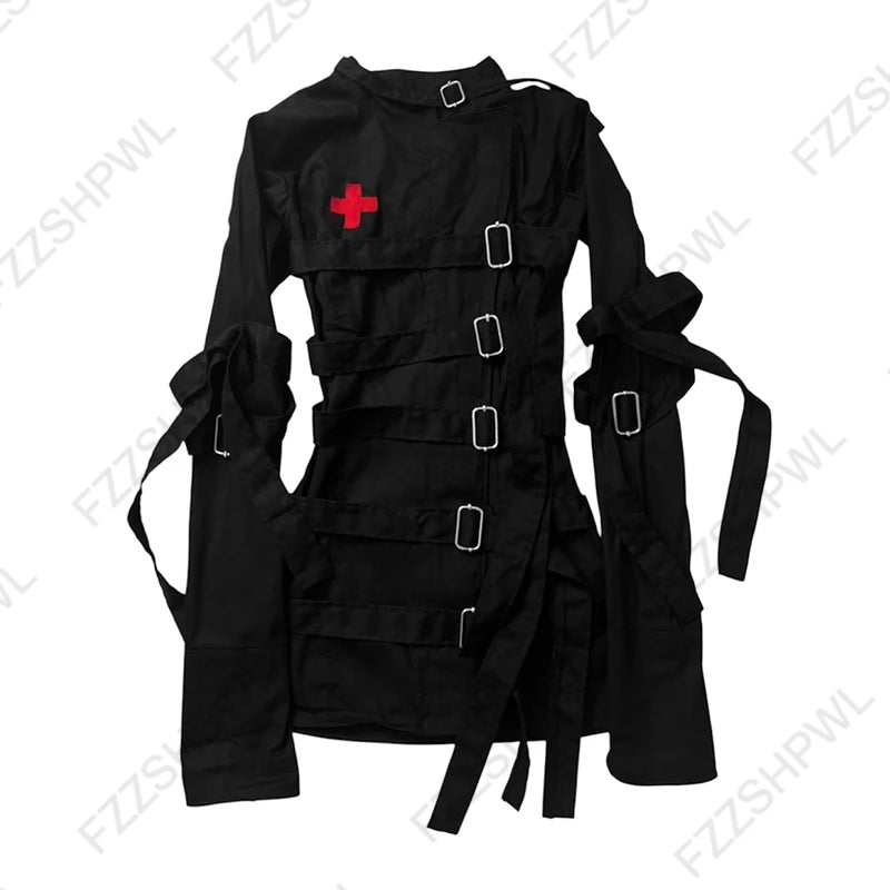 Jacket Women's Gothic Punk Lace-Up Buckle Strap Red Cross Y2K Harajuku Grunge