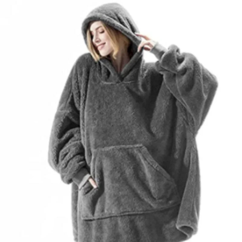 Hooded Sweatshirt Women's Double-Faced Fleece Thick Loose Pullover Pockets Warm