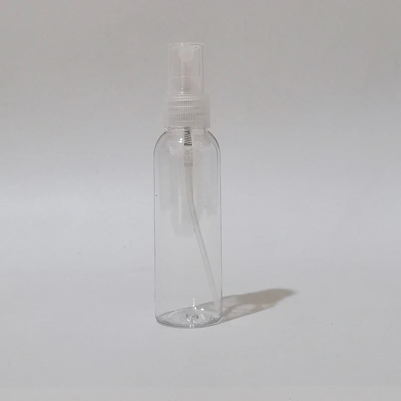Clear round spray bottle with clear sprayer, dip tube and protective cap