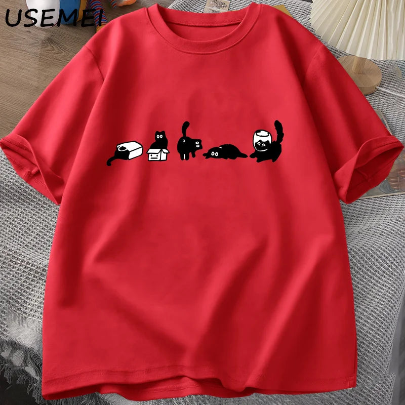 T-Shirt Five Mood Cats Funny Black Cat Graphic Cotton Short Sleeve Oversized