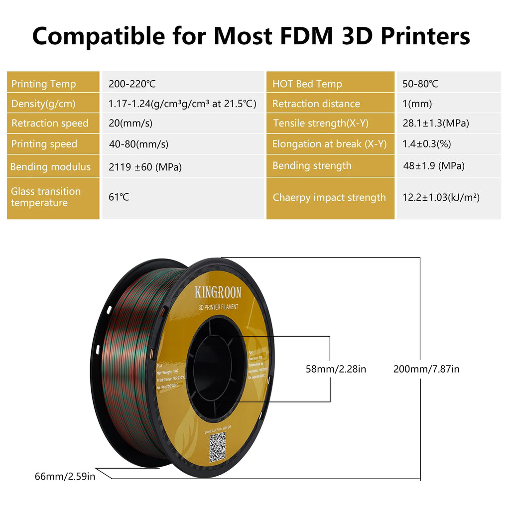 KINGROON Silk Tri-color PLA Filament 3D Printer 1.75mm 1KG/roll  Silk PLA Filament Plastic Material 3D Printing Special Color