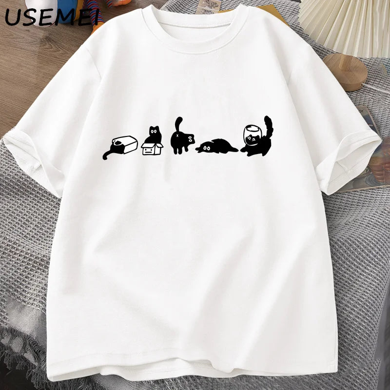T-Shirt Five Mood Cats Funny Black Cat Graphic Cotton Short Sleeve Oversized