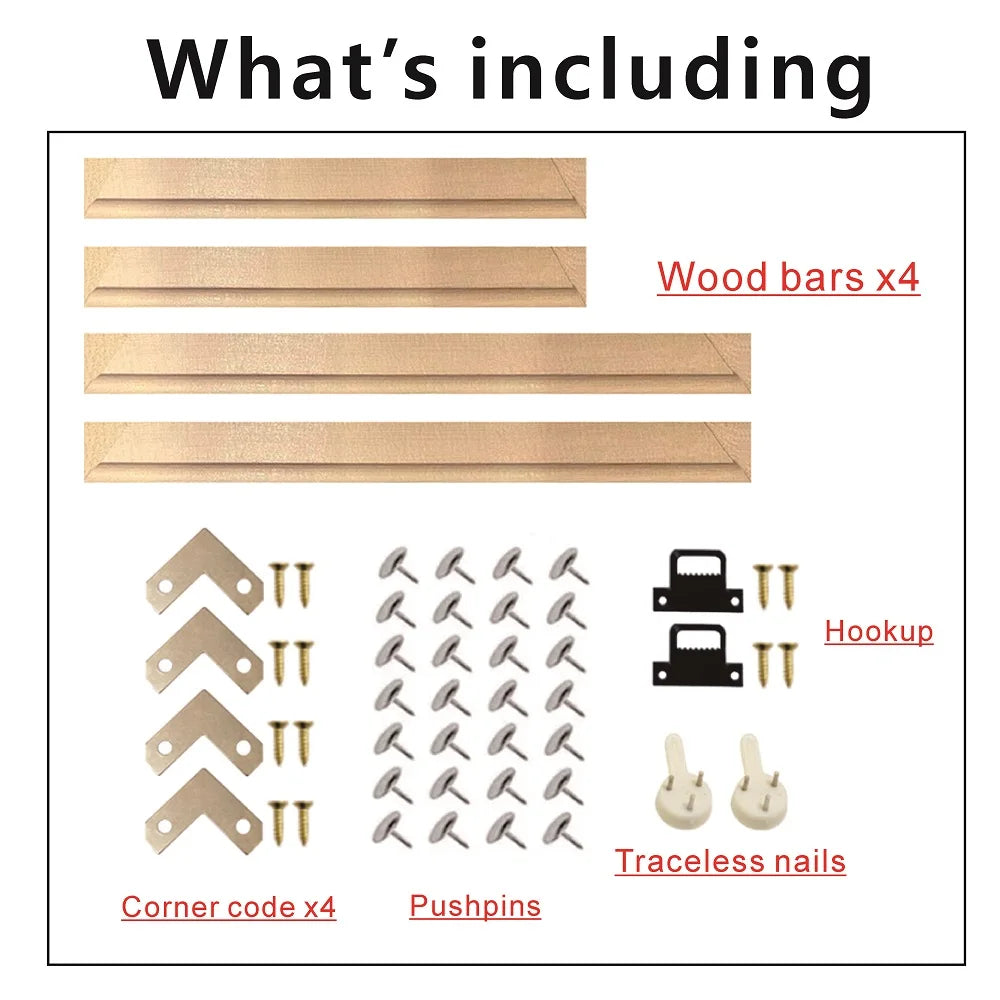 List of items included in a kit with wood bars, corner codes, pushpins, and other hardware on a white background.