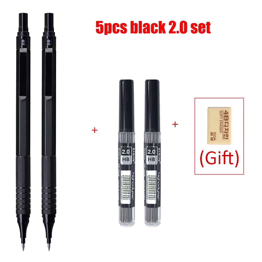 Mechanical Pencil Set, 5 Piece Metal — 0.5 to 2.0mm, Black or Silver