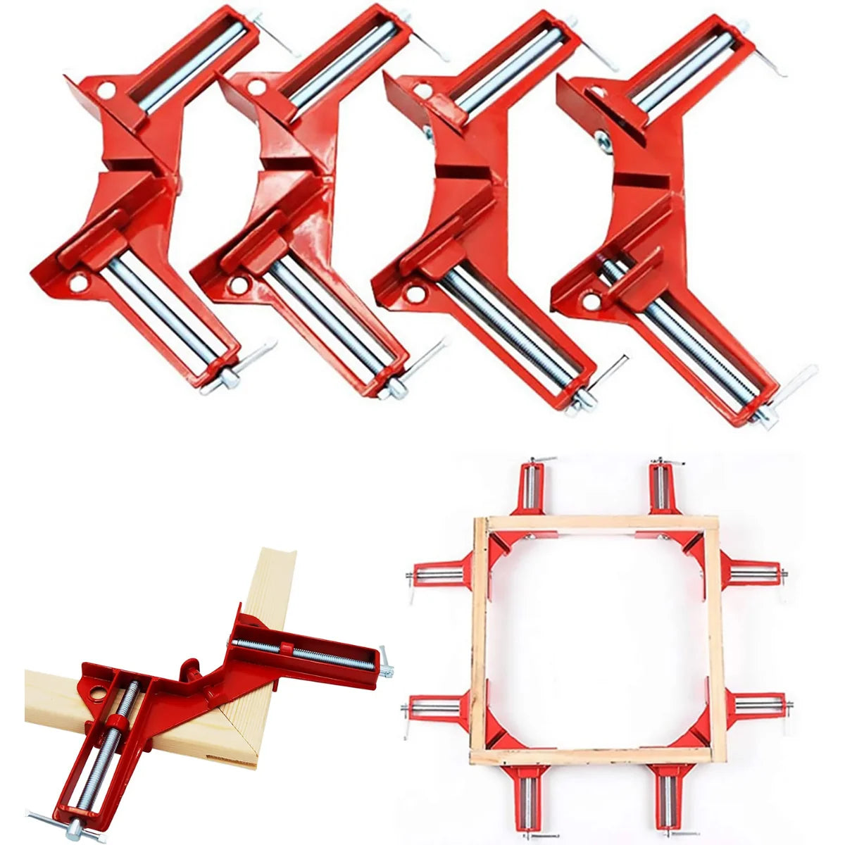 Set of red clamps with metal rods on a white background, with an additional use case showing them holding wood together.