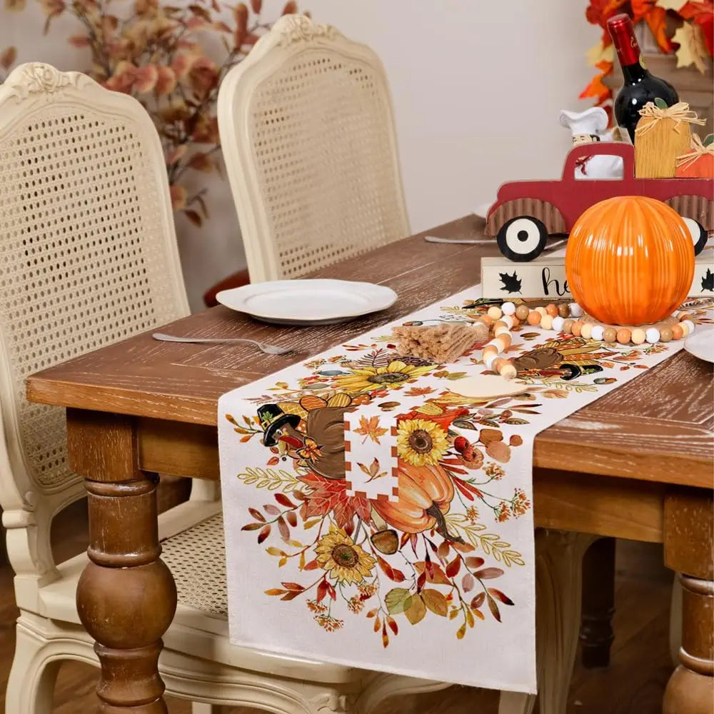Thanksgiving Fall Turkey Pumpkin Floral Linen Table Runner for Autumn Kitchen Party Table Decor Decorations