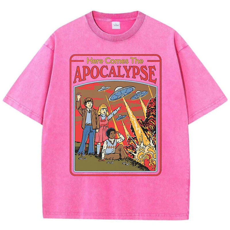 T-Shirt Unisex Here Comes the Apocalypse UFO Retro Washed Vintage Graphic Tee