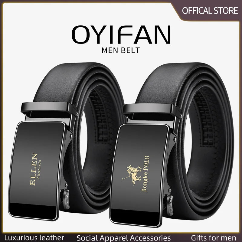 Men's Ratchet Leather Belt Alloy Automatic Buckle for Jeans, Dress & Business
