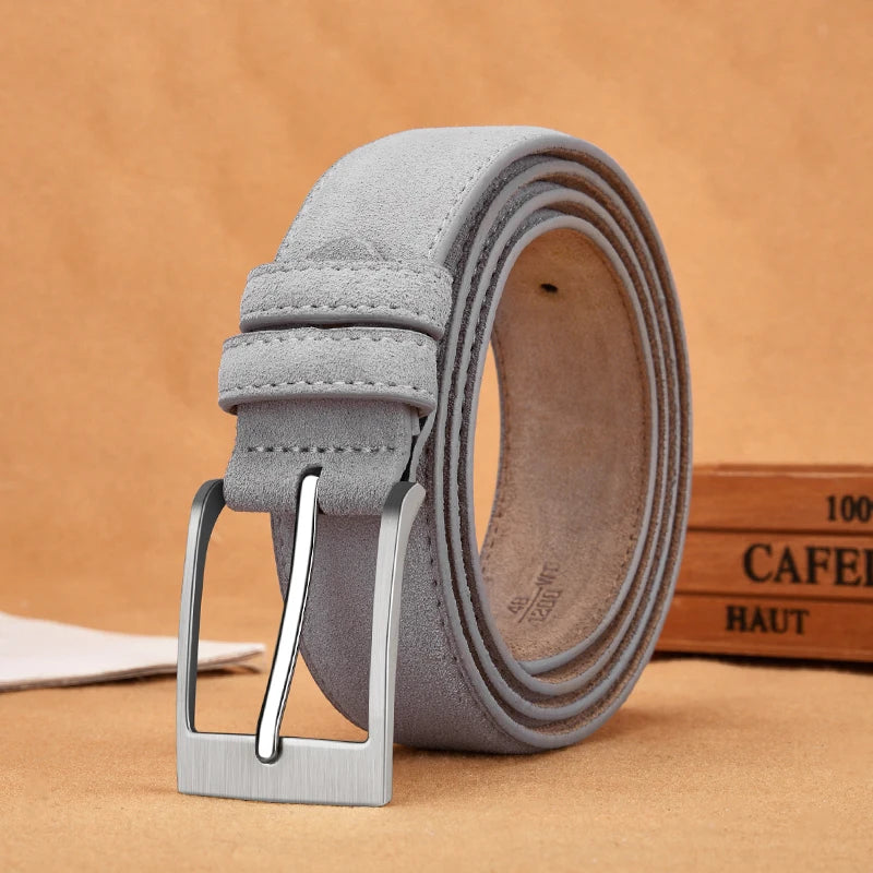 Men's Suede Leather Belt Silver Pin Buckle Vintage Style for Jeans & Chinos