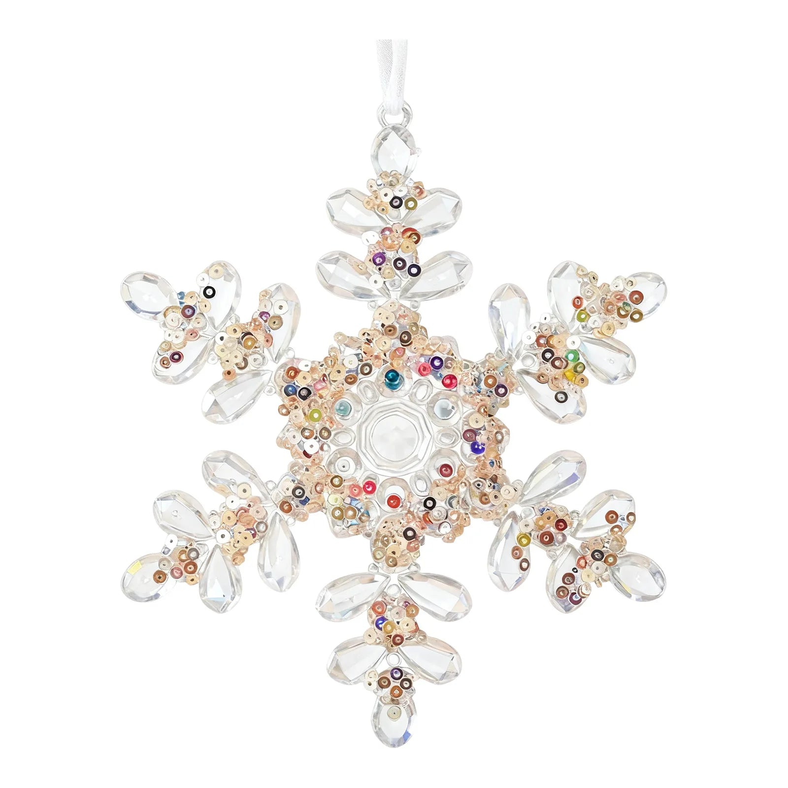 A clear acrylic snowflake Christmas ornament decorated with iridescent multicolor rhinestones and small metallic beads, hanging from a white ribbon against a plain white background.