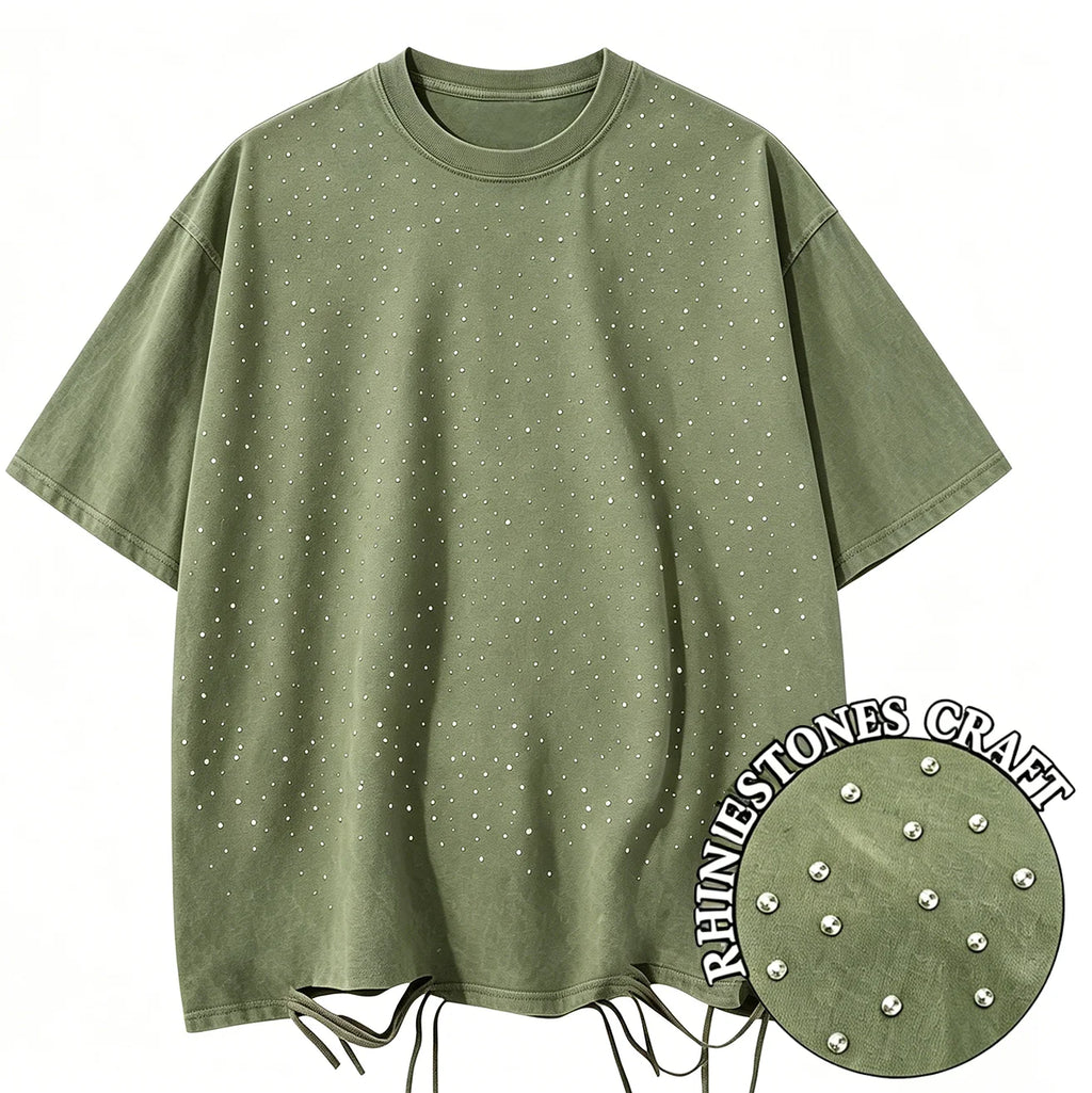 T-Shirt Unisex Rhinestone Acid Wash 100% Cotton Retro Punk Loose Hip Hop Tee