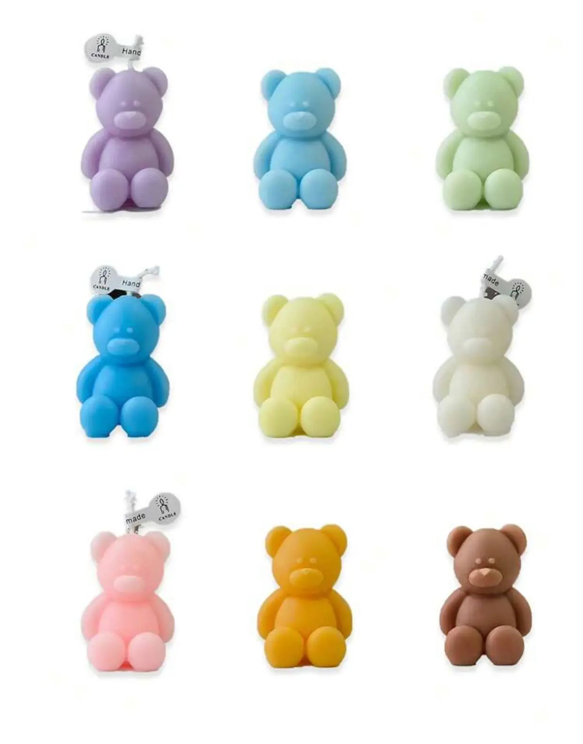 Nine teddy bear candle color options shown in a three-by-three grid