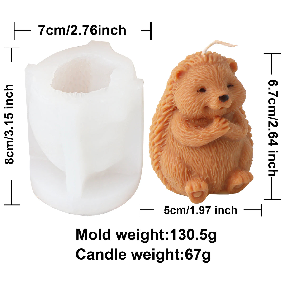 Hands-together hedgehog mold and tan example candle diagram with separate dimensions and weights