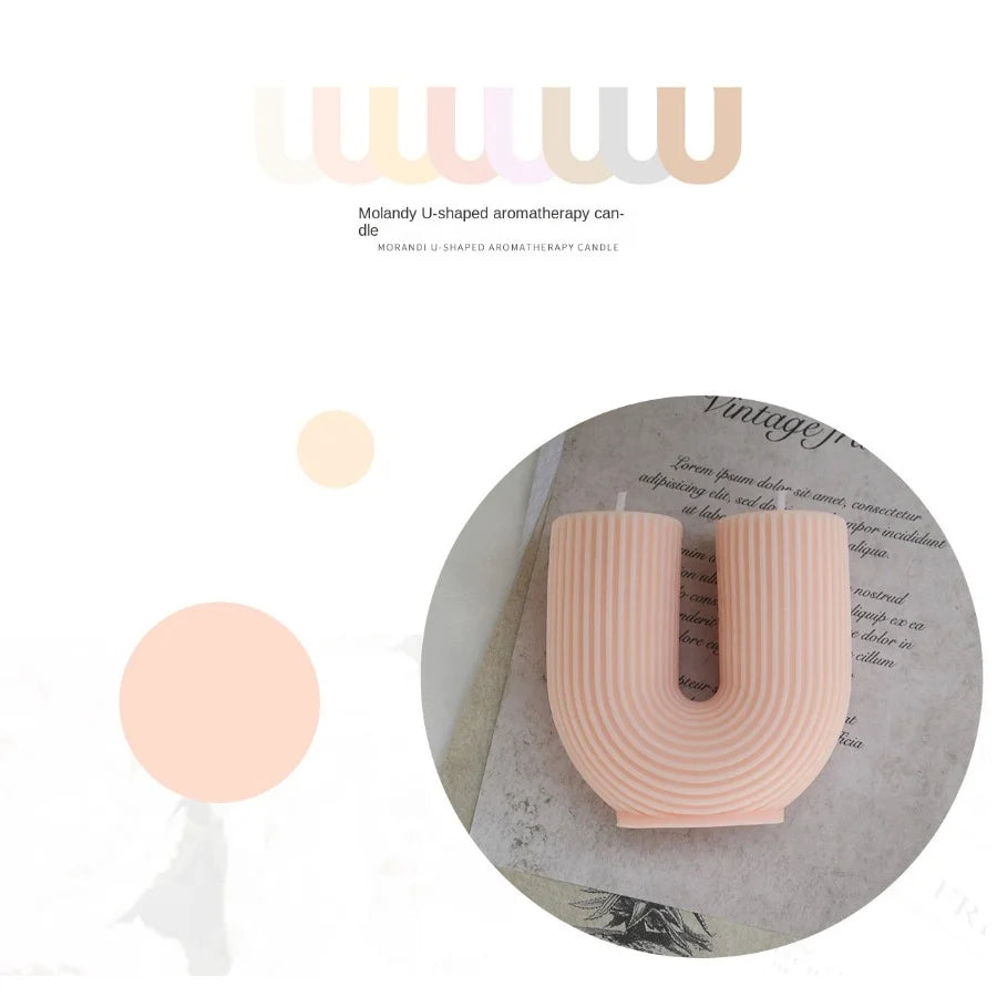 U-shaped aromatherapy candle on a white background with text overlay