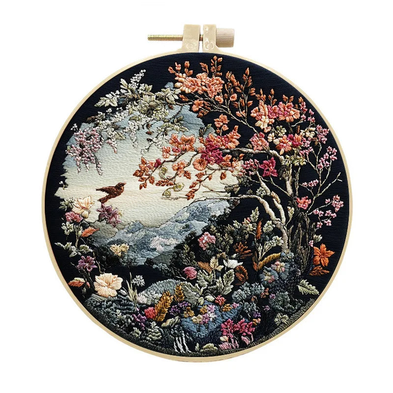 Embroidery Kit, Birds, Animals & Flowers for Handmade Landscape Wall Art