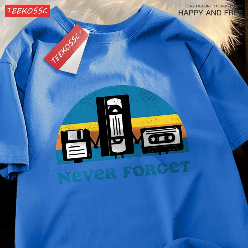 T-Shirt Unisex Never Forget Retro Tech Floppy VHS Cassette Vintage Graphic Tee