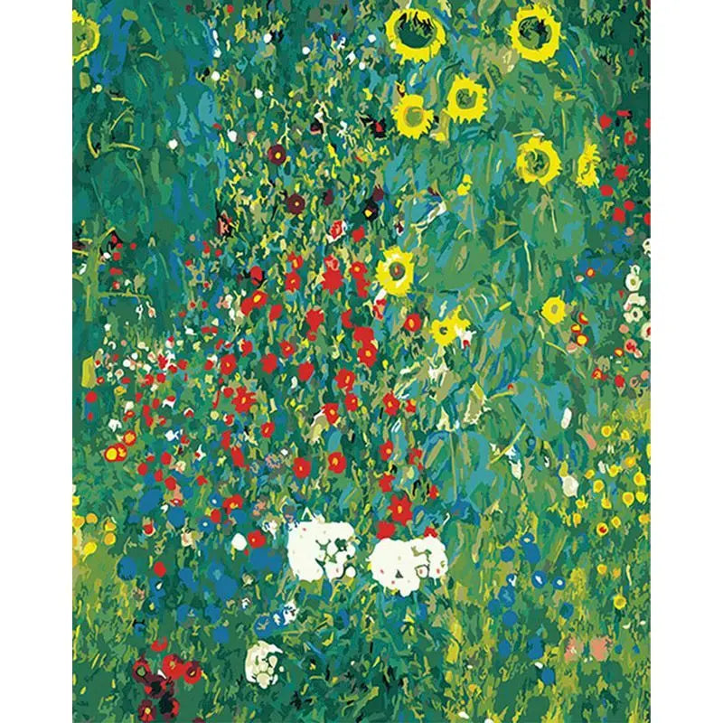 Colorful floral painting with a variety of flowers on a green background