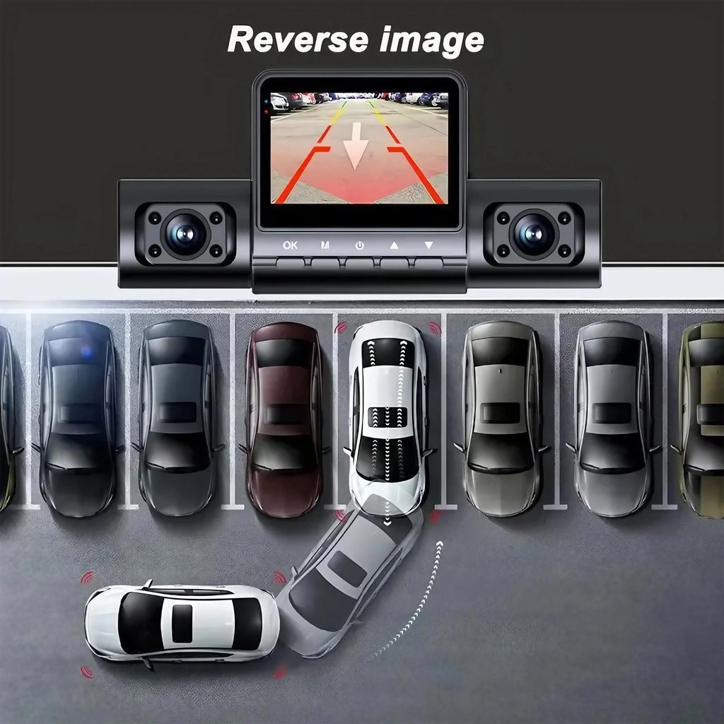 Car parking assistance system with cameras and monitor displaying reverse camera view.  4 Lens Dash Cam 1080P Full HD 360 All Around View Car DVR 3 16 Inch IPS Screen.